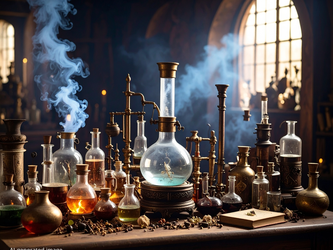 en:A multitude of glass bottles and stills arranged on a table, filled with colorful liquids and a bluish smoke ;fr:Une multitude de flacons en verre et d'alambics posés sur une table, remplis de liquides colorés et d'une fumée bleutée